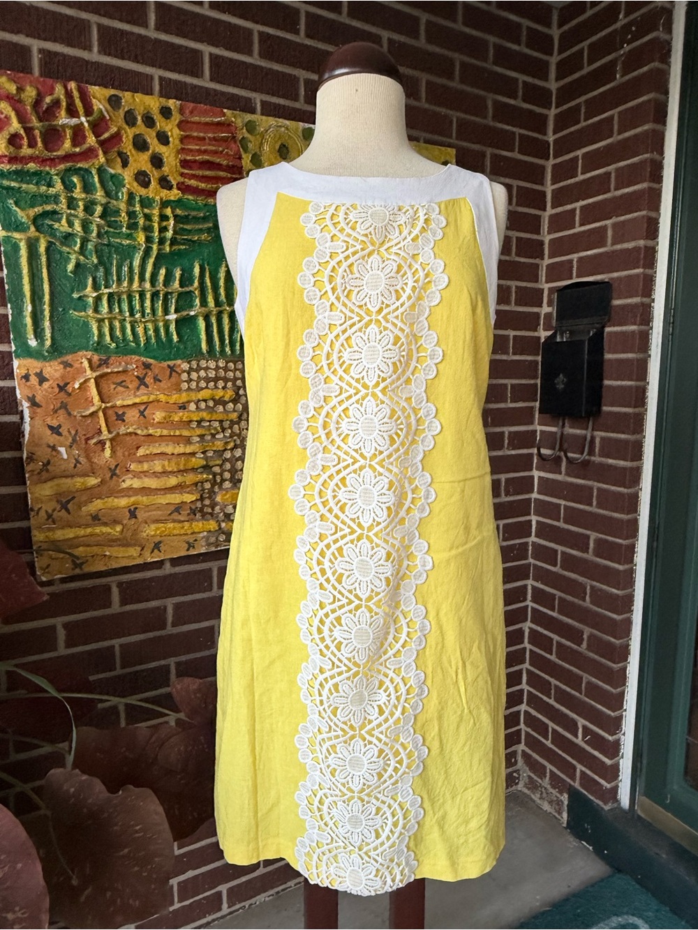 Sleeveless Yellow Mini Dress with White Lace Panel